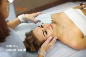 Woman having Hi-Fu to reduce wrinkles Dormer's Wells.