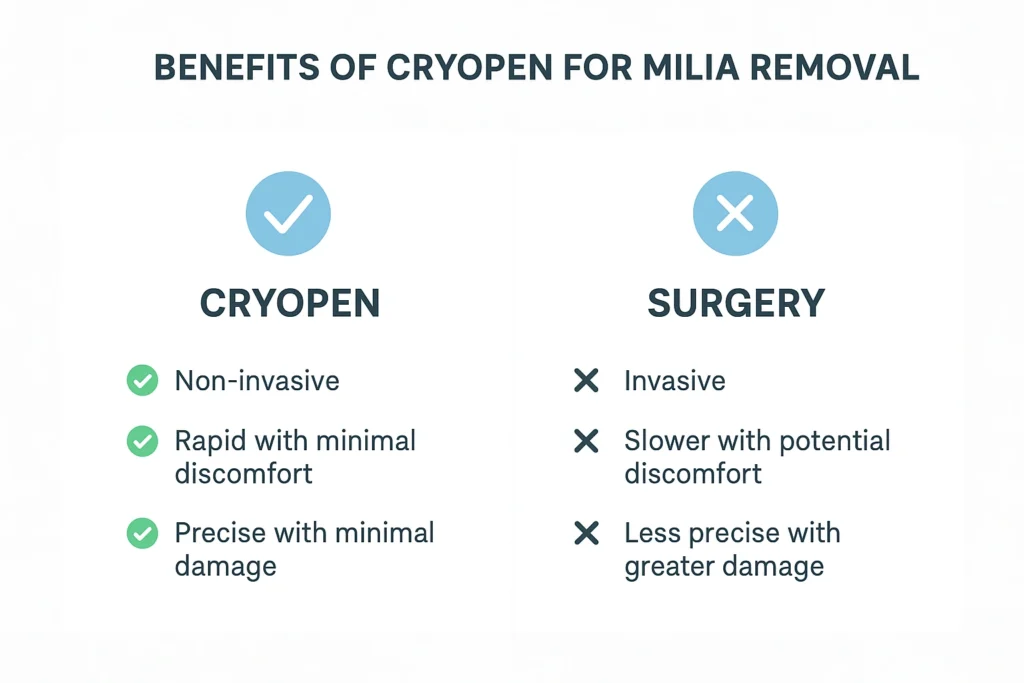 Benefits of cryopen for milia removal Dormer's Wells compared to surgical treatments.