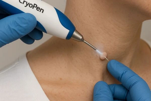 Person receiving cryotherapy Dormer's Wells for skin tag removal