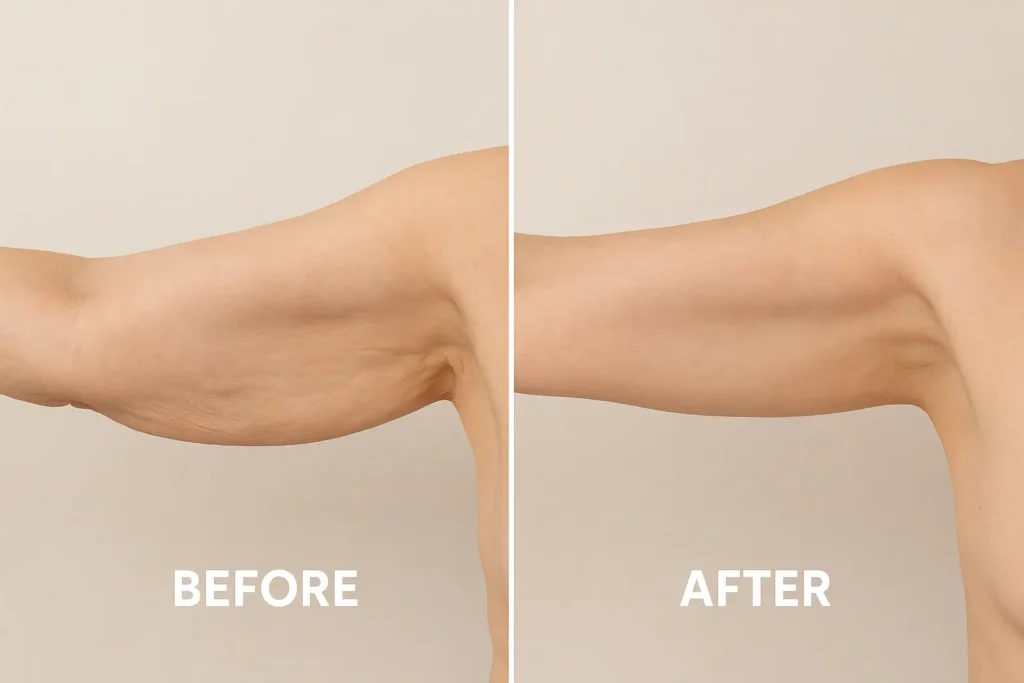 Picture of LA LIPO Dormer's Wells before and after results of skin tightening treatment on the upper arms.