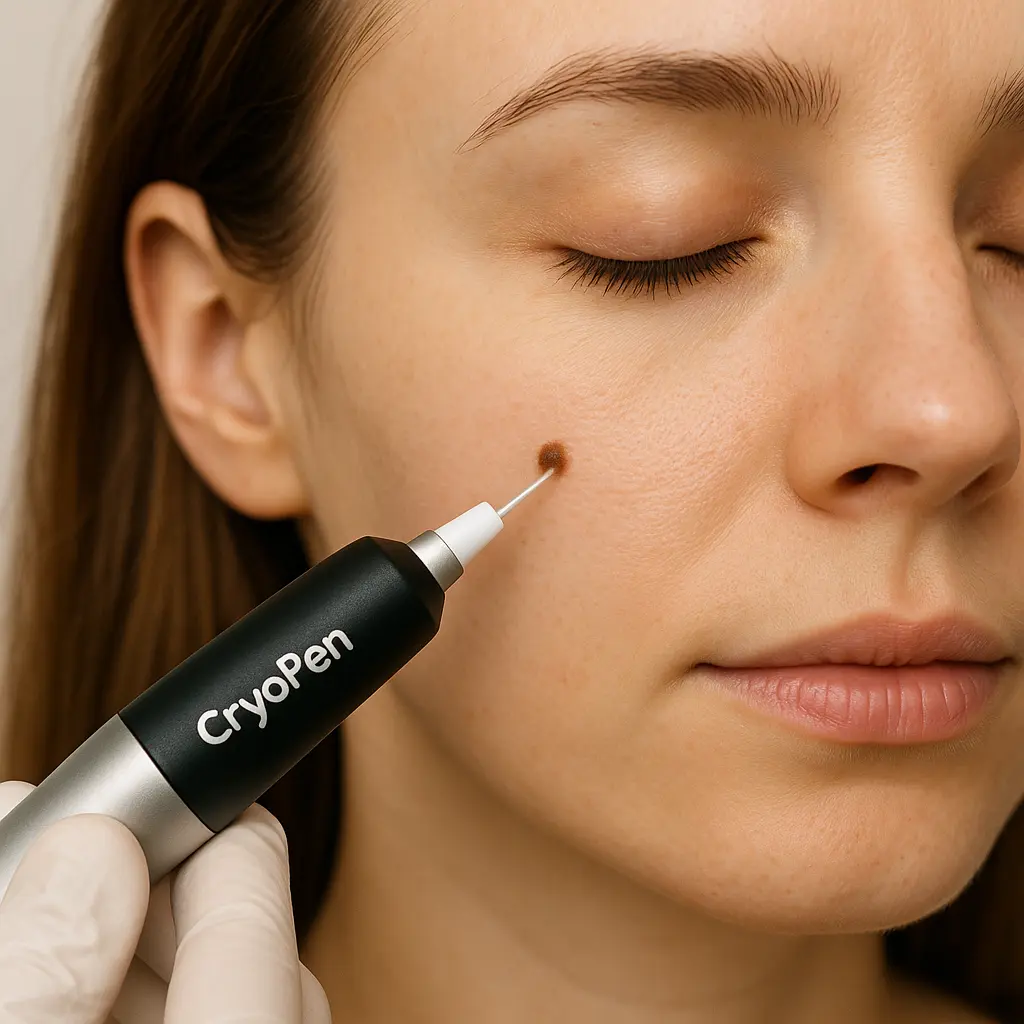 woman receiving facial mole removal Dormer's Wells using cryopen 