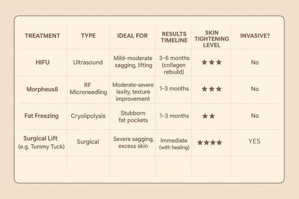 Table showing the comparisons of Skin tightening Dormer's Wells treatment options.